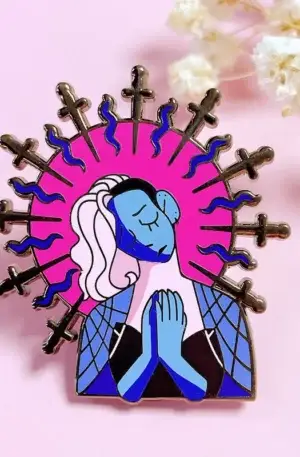 Custom Enamel Pin - Blue Figure with White Hair and Praying Hands Surrounded by Pink Halo and Swords Lapel Pin