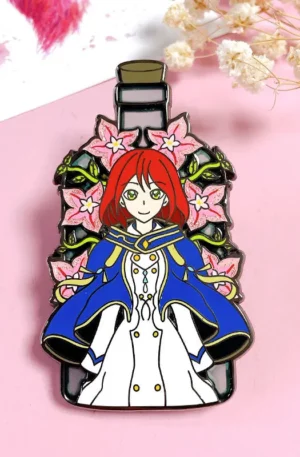 Custom Enamel Pin - Red-Haired Mage Girl in Blue Cloak Inside Bottle with Pink Flowers Lapel Pin