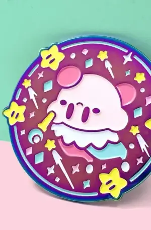 Custom Enamel Pin - Round Purple Space Character with Pink Ears, Wand, and Yellow Stars Lapel Pin