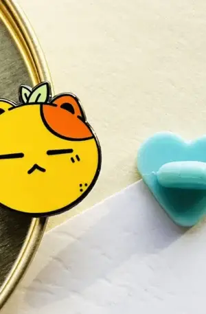 Custom Enamel Pin - Orange Fruit Cat with Sleepy Face and Blue Heart Rubber Clutch Back Lapel Pin