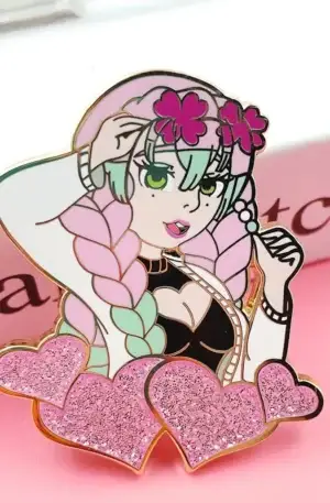 Custom Enamel Pin - Anime Girl with Pink Hair and Glitter Hearts Lapel Pin