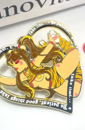 Custom Enamel Pin - Tiger Girl Character in Heart Frame with "Be patient, good things take time" Quote Lapel Pin