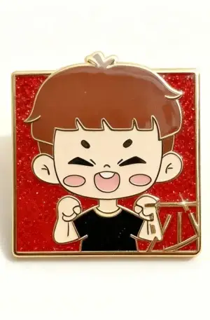 Custom Enamel Pin - Cheering Boy Character with Brown Hair in Square Glitter Red Background Lapel Pin