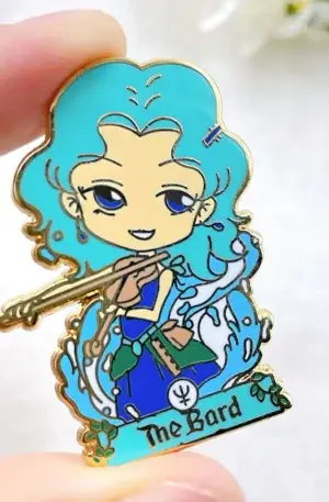 Custom Enamel Pin - The Bard Anime Character Playing Violin with Blue Hair and Waves Lapel Pin