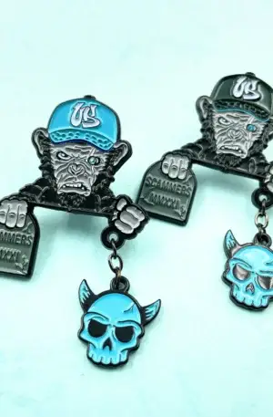 Custom Enamel Hat Pins - Ape Character Wearing Blue Hat with "Scammers MMXXI" Tombstone Sign and Hanging Horned Skull Charm
