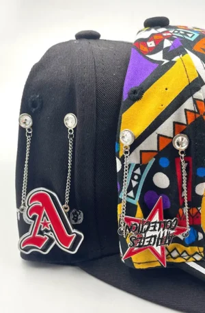 Custom Enamel Hat Pins - Red Letter A and Athletes Collection Star Double Rhinestone Chain Lapel Pins Attached to Black and Patterned Baseball Caps