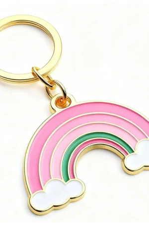 Custom gold metal keychain featuring a cute rainbow enamel charm in pink and green with white cloud accents and a gold keyring.