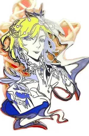 Custom enamel pin featuring a stylized anime character with a crown, blonde and white hair, intricate jewelry, and blue-and-white apparel with gold plating