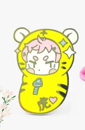 Custom enamel pin featuring a cute anime character in a yellow tiger onesie costume with pink rubber clutch