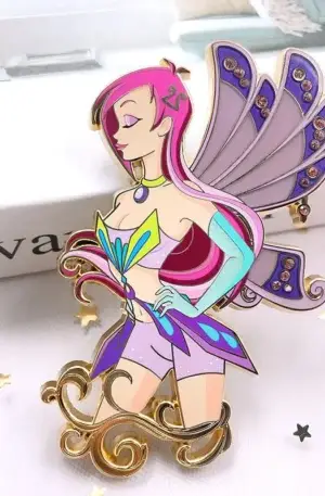 Custom enamel pin featuring a Winx Club style fairy character with detailed wings and rhinestone accents