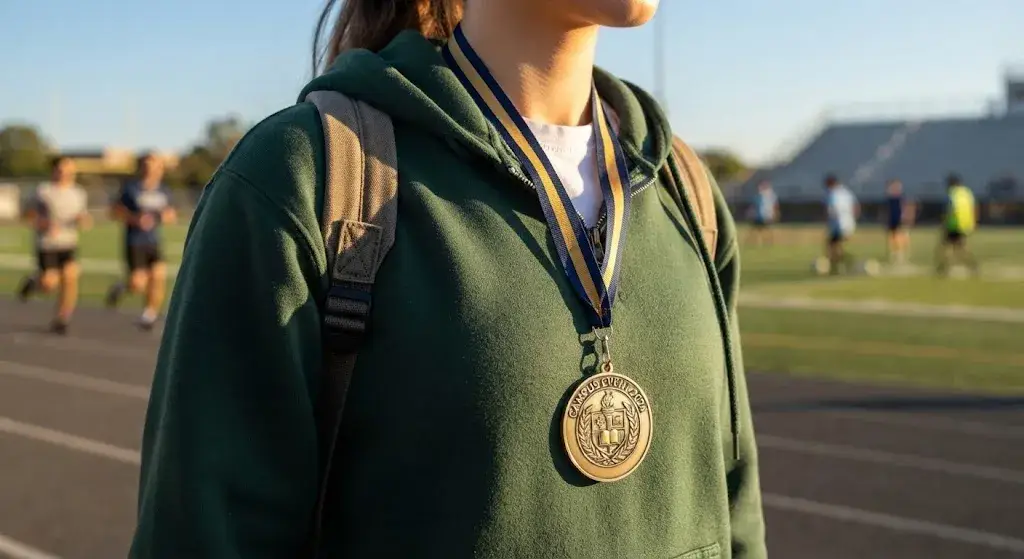 Custom school challenge coin with detailed emblem design for campus events and student achievements.