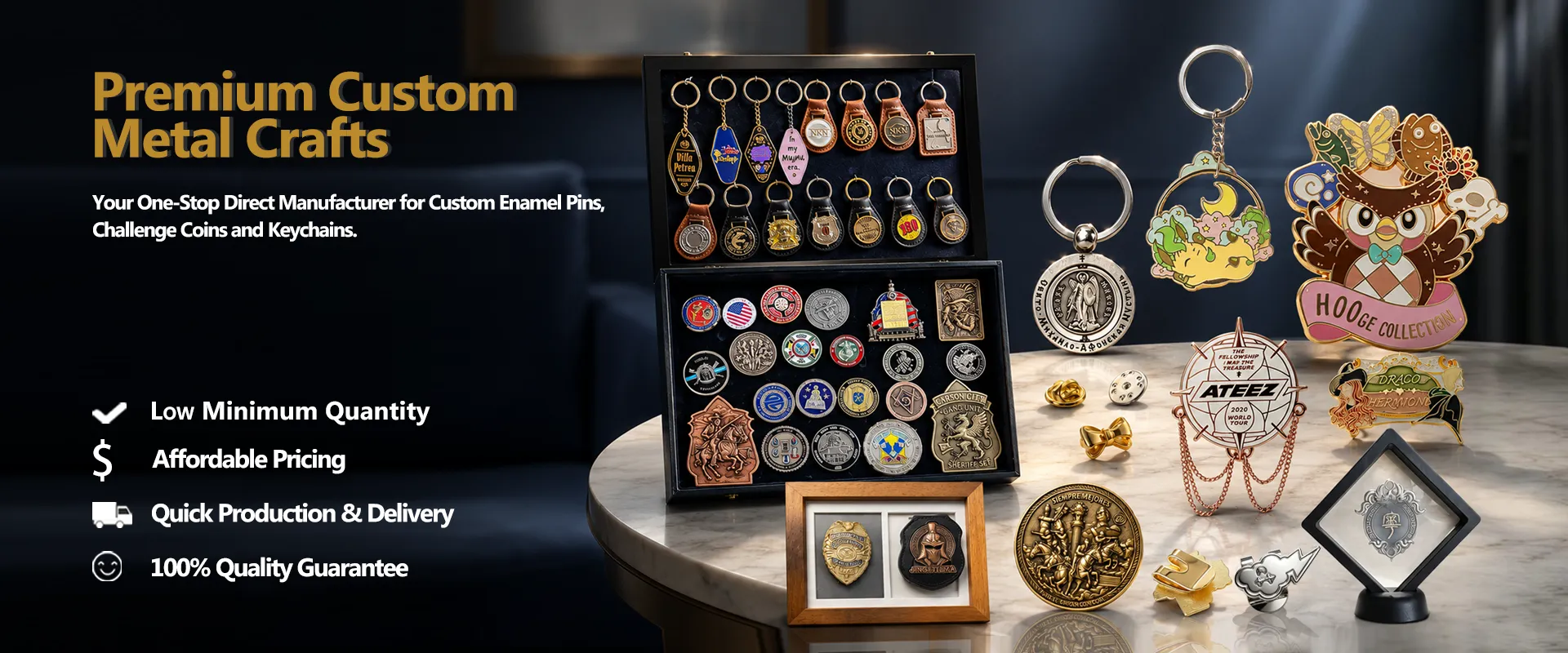 Premium custom metal crafts including enamel pins, challenge coins, and keychains displayed on a marble table
