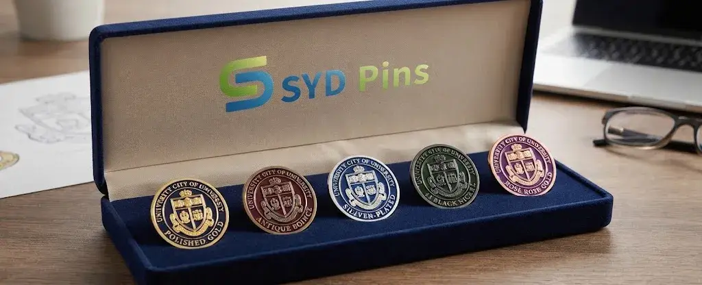 Premium custom school challenge coins in a navy velvet presentation box with the SYD Pins logo.