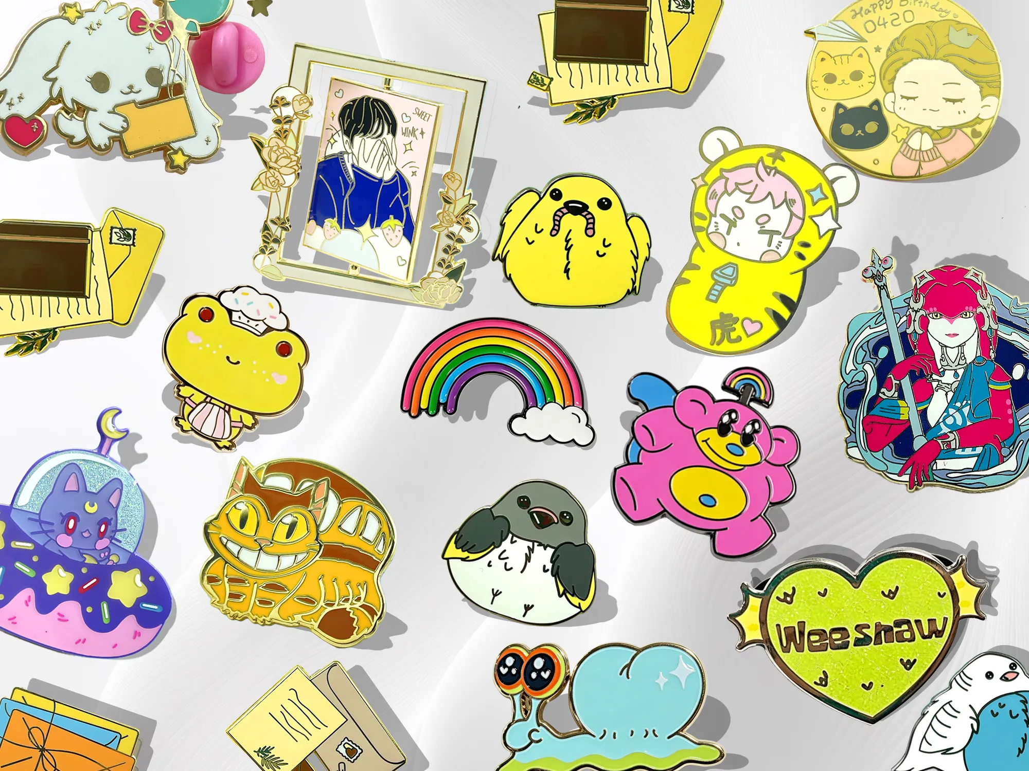 Assorted wholesale custom enamel pins featuring various anime, cartoon, and artistic designs with hard and soft enamel finishes.