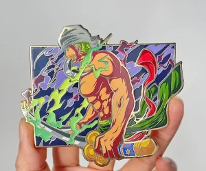 Anime portrait enamel pin of Zoro with green flames and purple background