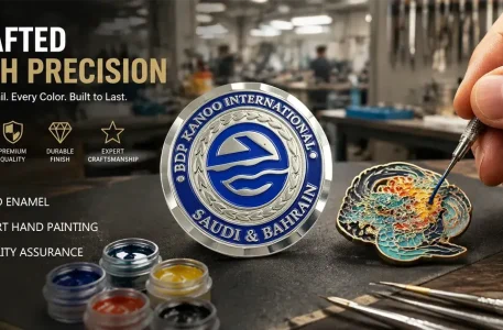 Craftsman executing precise hand painting during the custom enamel pin process in the factory.