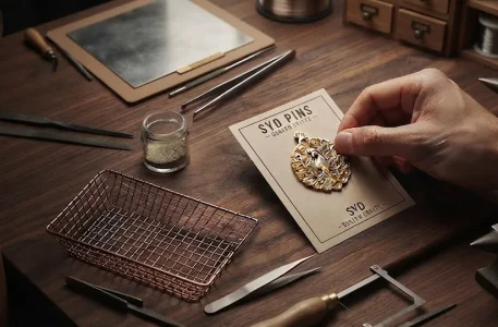 Craftsman executing precise hand painting during the custom enamel pin process in the factory.