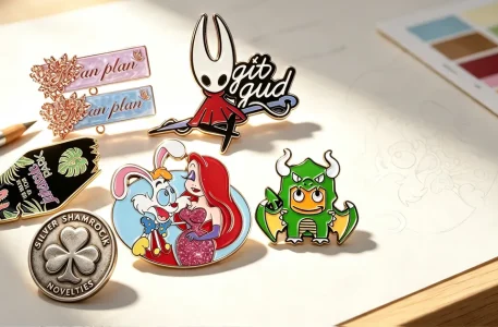 Custom soft enamel pin and glitter cartoon badge displayed on designer workspace with sketches