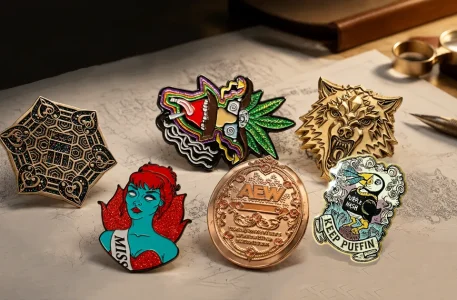 An assortment of custom enamel pins including geometric, character, wolf, and coin designs laid out on a design sketch, illustrating the process of how to custom enamel pins.