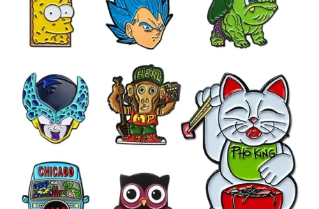 Pop culture anime mashup custom enamel pins set on a white background
